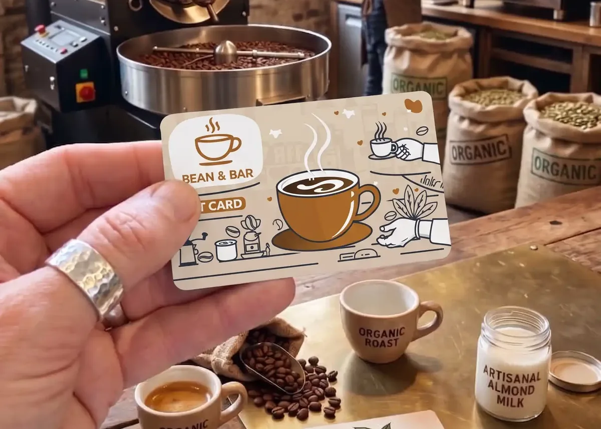 Bean and Bar coffee shop gift card held over a cafe counter