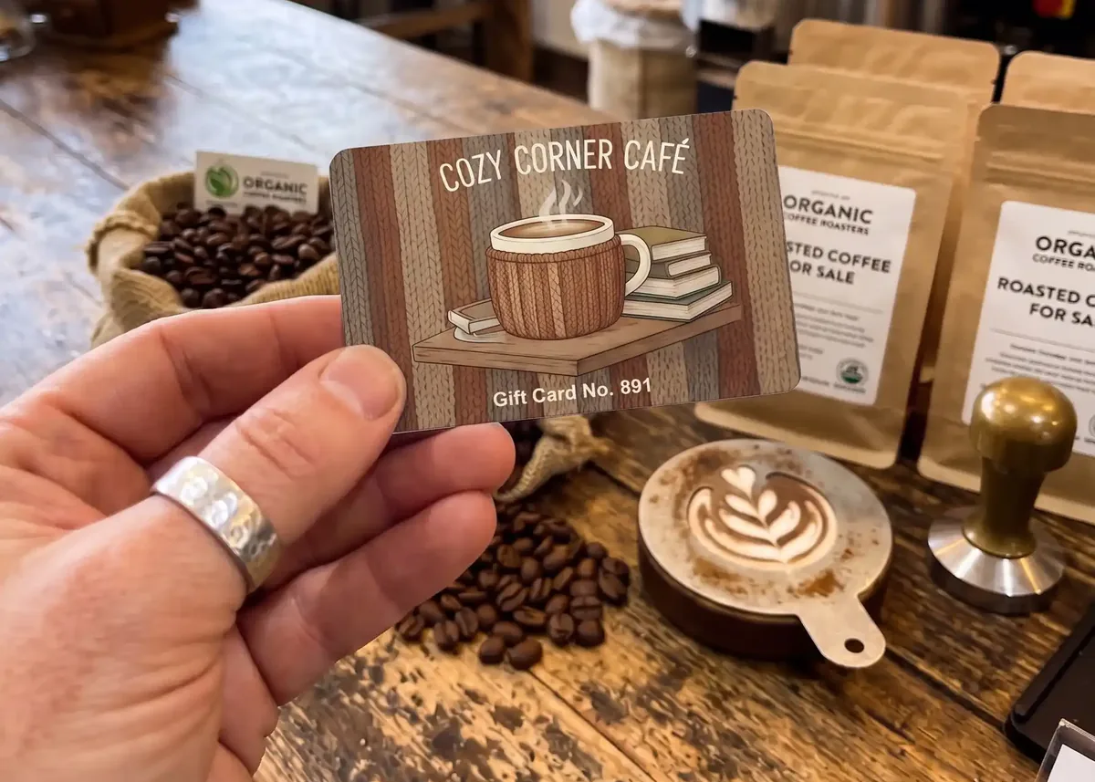 Cozy Corner Cafe gift card held in a coffee roastery