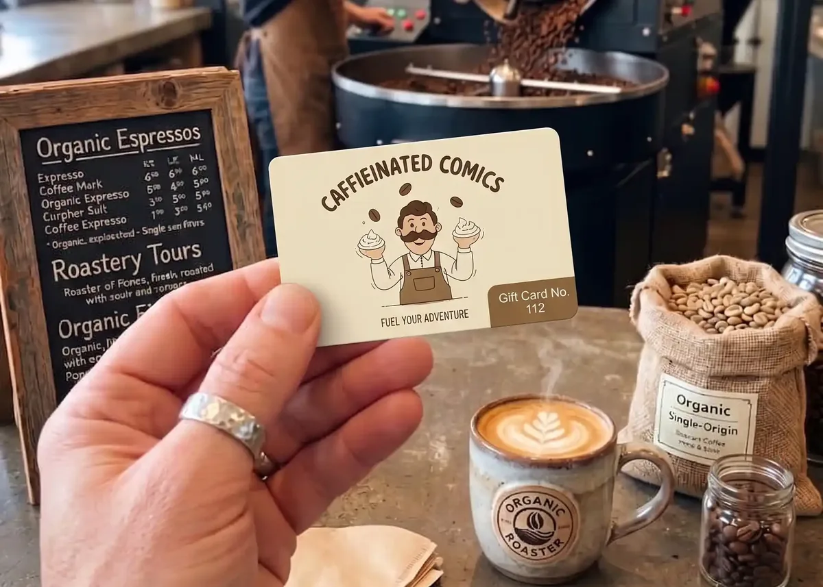 Caffeinated Comics cafe gift card held beside a latte