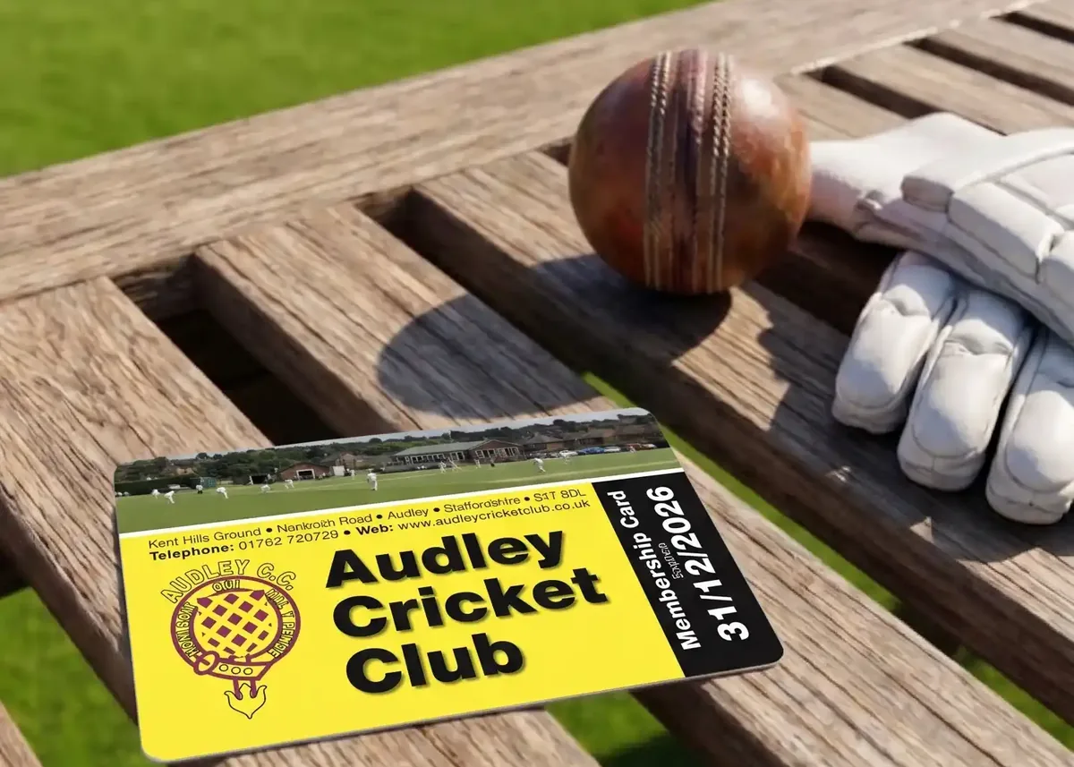 Audley Cricket Club membership card on a pavilion bench