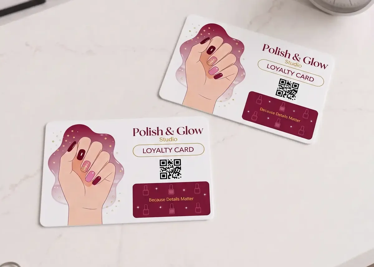 Polish and Glow nail studio loyalty cards with QR code