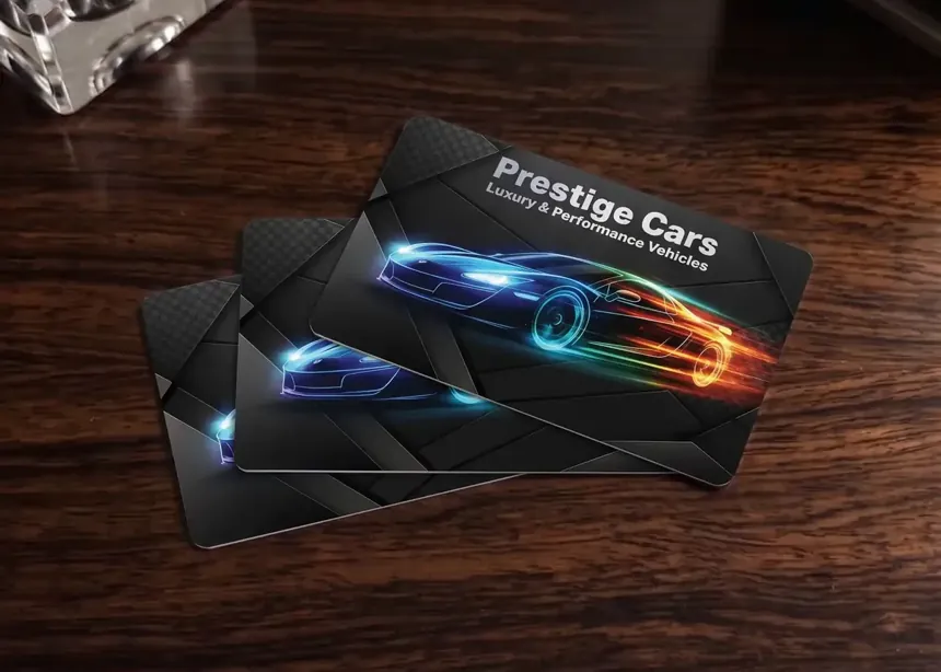 three black full colour plastic business cards for a car dealer, printed with a glowing sports car, lying on a wooden desk