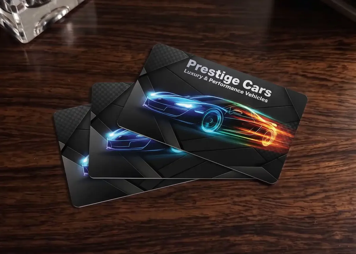 Prestige Cars plastic business cards on a wooden desk