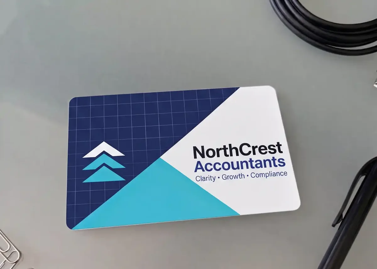NorthCrest Accountants plastic business card on a desk