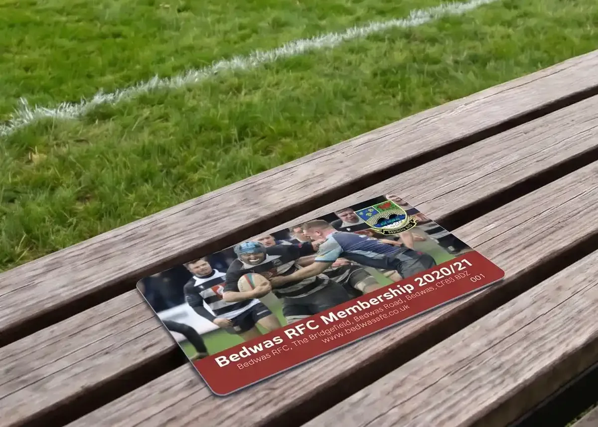 Bedwas RFC membership card on a pitchside bench
