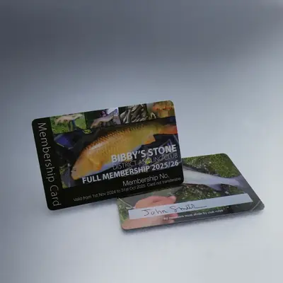 Bibby's Stone District Angling Club full membership card with signature strip on the back