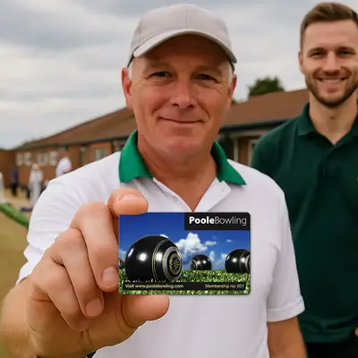 a printed plastic card for a bowling club with photo of bowling