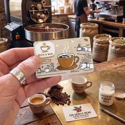 Bean and Bar coffee shop gift card held over a cafe counter