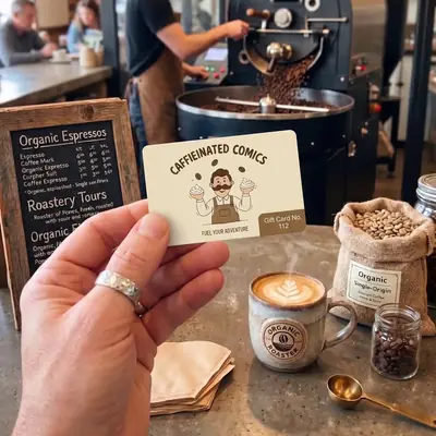 Caffeinated Comics cafe gift card held beside a latte