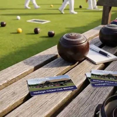 Hadleigh Cricket Club membership cards on a clubhouse bench