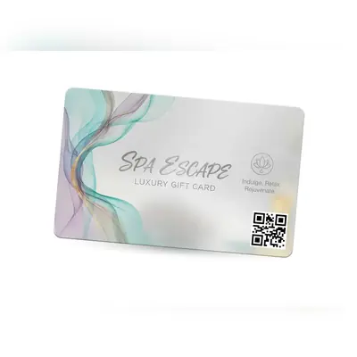 a plastic gift card for Spa Escape with QR code