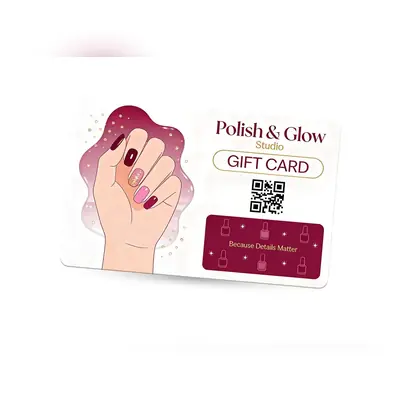 a plastic gift card for Polish & Glow Studio with custom logo