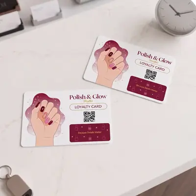 Polish and Glow nail studio loyalty cards with QR code