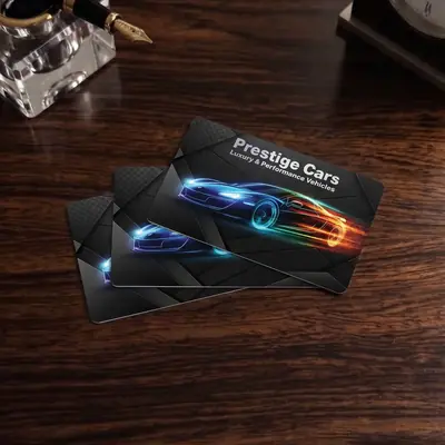 Prestige Cars plastic business cards on a wooden desk