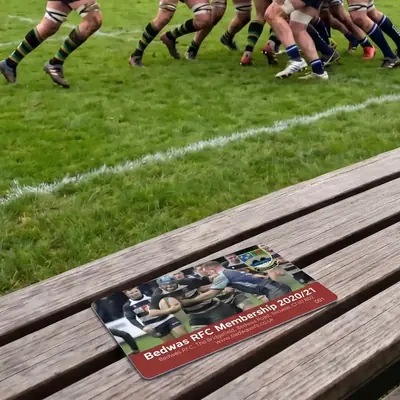 Bedwas RFC membership card on a pitchside bench