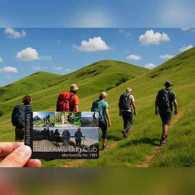 a plastic membership card for Tilstock Walking club with logo and photos plus sequential numbering